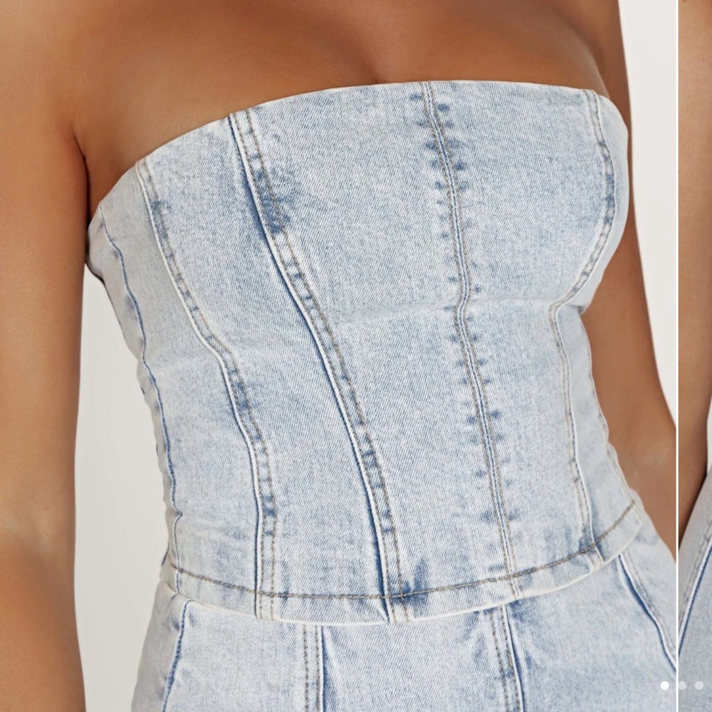 Meshki JORDANA top and ACACIA skirt set in light blue denim